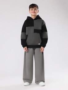 SUMWON Sudadera con capucha de bloques de color para niños preadolescentes con bolsillo central, sudadera casual de uso diario, ropa de calle, diseño de paneles de contraste coloridos para otoño e invierno - Multicolor - Ver 5