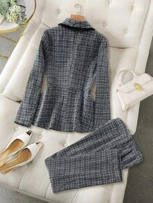 GlowEve CURVE Women's Elegant Lace Trim Shawl Neck Single Button Long Sleeve Jacket + Loose Fit Pants 2 Pieces Set, Plus Size, Autumn/Winter - Black - View 2