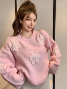 DAZY Women's Loose Casual Sweet Style Pink Top With Rhinestones, Beads, Floral Decor, Minimalist Pullover Knit Sweater, Suitable For Wedding, Party, Fashion Events In Autumn/Winter