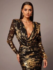 Silquee Váy dự tiệc quyến rũ, cổ chữ V sâu, xếp ly ánh kim, thanh lịch, gợi cảm dành cho nữ, thích hợp cho ngày lễ tình nhân, tiệc cocktail, váy dự tiệc cao cấp, trang phục dự tiệc trang trọng, váy biểu diễn sân khấu, váy dự tiệc/dạo chơi/hội trường đêm, váy dự tiệc, váy cưới, váy quyến rũ, váy chữ V sâu, váy dài tay họa tiết vải vàng loang lổ - màu đen - Xem 1