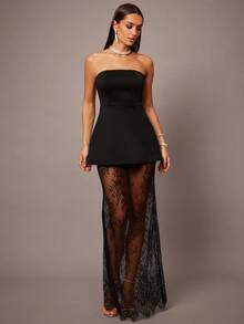 Silquee Autumn And Winter 2-Piece Black Cropped Corset Top And Lace Hem Mini Skirt, Suitable For Dates, Graduations, Concerts, Bridesmaid Dresses, Weddings, Romantic Occasions, Minimalist Style, Elegant Everyday Wear, Off-The-Shoulder Black Dress, Tube Top Two-Piece Set, Tube Top + See-Through Skirt Two-Piece Set - Black - View 3