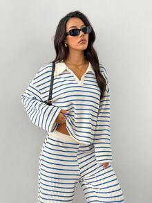 SHEIN PETITE 女式两件套宽松条纹 V 领落肩长袖 T 恤和松紧腰条纹裤，冬季毛衣套装，秋冬 - 藏蓝色 - 查看 6