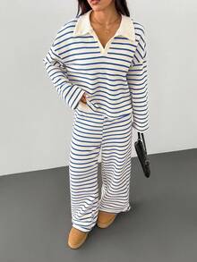 SHEIN PETITE 女式两件套宽松条纹 V 领落肩长袖 T 恤和松紧腰条纹裤，冬季毛衣套装，秋冬 - 藏蓝色 - 查看 7