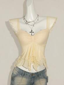 SHEIN ICON 女式褶饰前开襟性感网眼拼接盖袖露背休闲度假短款背心 - 米色 - 查看 6