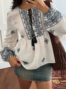 SHEIN Unity Women's Retro Print Tie-Up Tassel Lantern Sleeve Casual Vacation Blouse, Autumn/Winter