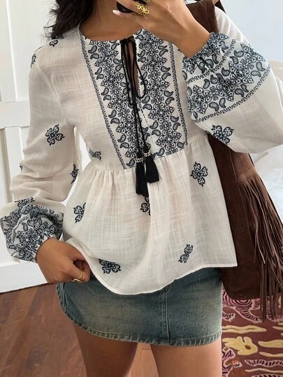 SHEIN Unity Women's Retro Print Tie-Up Tassel Lantern Sleeve Casual Vacation Blouse, Autumn/Winter