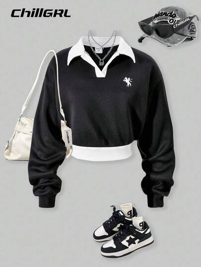 少女拼色刺绣图案休闲宽松运动衫