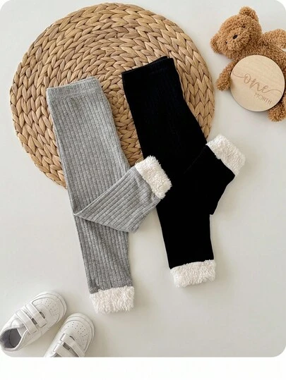 买一送一 2 件装 可爱宝宝女孩休闲简约带毛绒下摆装饰防条纹紧身裤 高性价比 多件装 适合生日派对、晚会、表演、婚礼、洗礼、开幕式 适合日常使用 适合秋冬季节