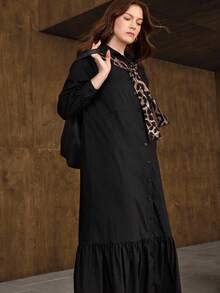 Hansera 1 件女士休闲长款二合一翻领衬衫裙 - 黑色 - 查看 1