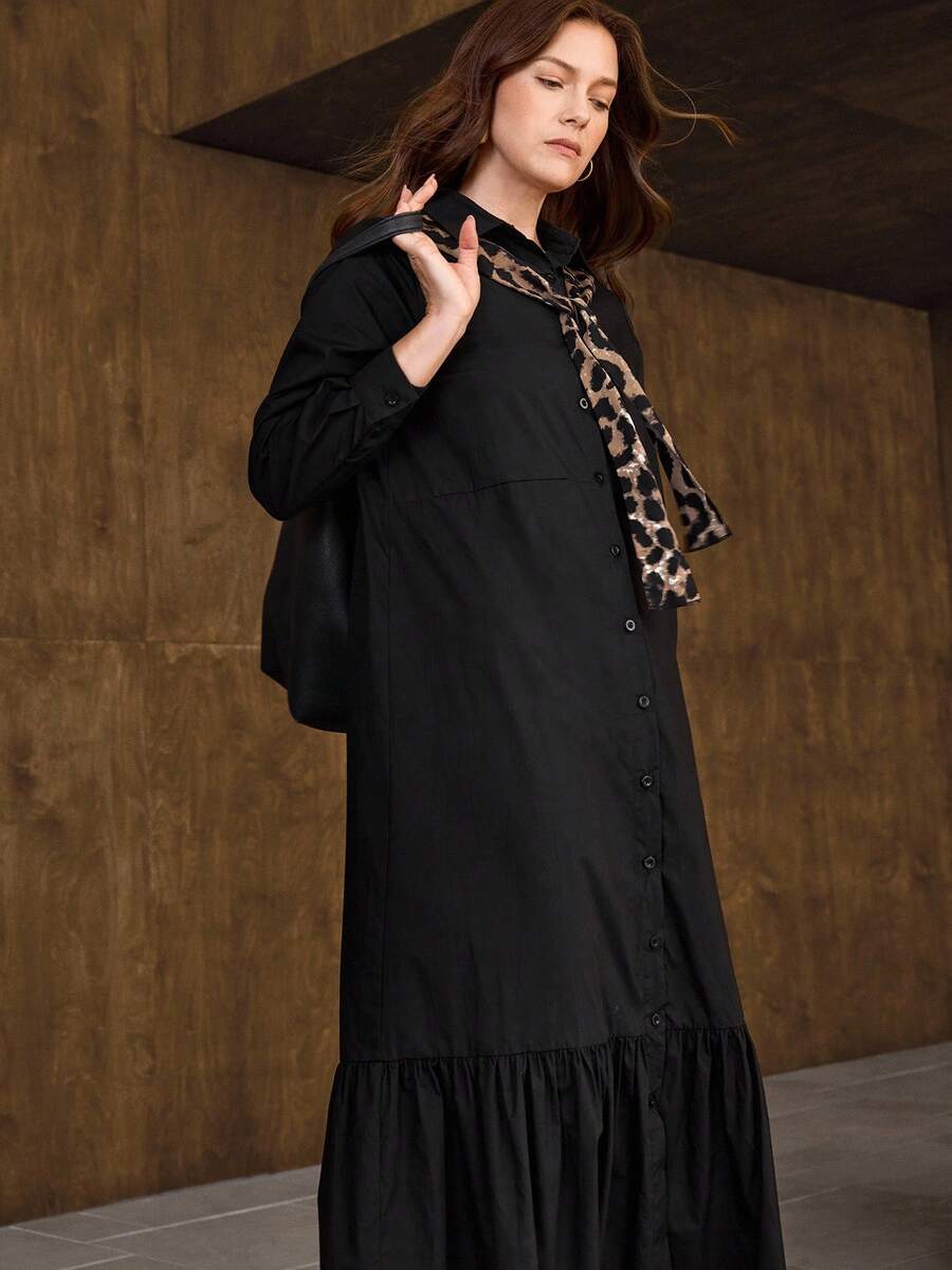 Hansera 1 件女士休闲长款二合一翻领衬衫裙 - 黑色 - 查看 1