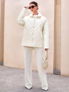 CLARA VERO Woman Solid Color Woven Padded Quilted Insulated Winter Coat Short Regular Jacket Zipper Pockets Zip Up Front Teddy Neck - White - View 4