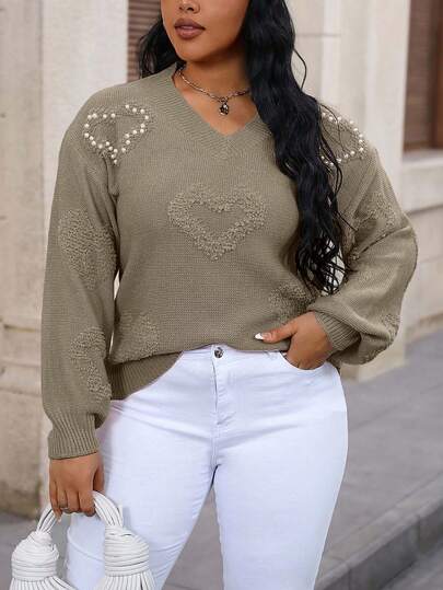 EURMUSE Plus Size Women Casual V-Neck Loose Pullover Sweater With Faux Pearl Heart Pattern, Suitable For Daily Commute, Autumn/Winter