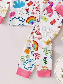 1set Baby Girls' Cartoon Crayon Graffiti Print Snug Fit Pajama Set, Long Sleeve Top And Pants, Spring/Autumn Fall Winter - White - View 5