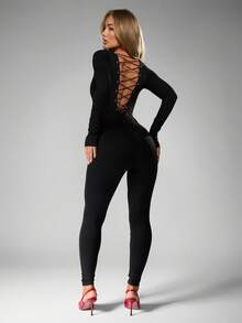 MISSGUIDED Tuta aderente con allacciatura sulla schiena, manica lunga, monopezzomodellante, adatta per il tempo libero, serate, feste, uscite notturne, elegante e moderna, perfetta per l'autunno e l'inverno