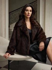 ZEYLAH 复古时尚仿毛领外套，优雅风格，秋冬款 - 巧克力棕 - 查看 1