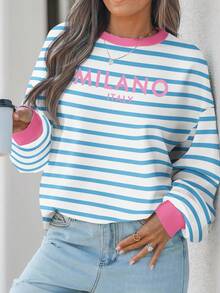EMERY ROSE Casual Minimalist Blue & White Striped Pattern MILANO English Print Plus Size Sweatshirt, Suitable For Fall/Winter - Multicolor - View 2