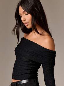 AiiRZ Top de manga larga con hombros descubiertos, cuello plegable, de punto acanalado y largo corto, moda de otoño e invierno