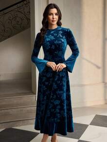 ZEYLAH Vestido feminino elegante de veludo jacquard com manga flare - Verde Azeitona - Ver 5