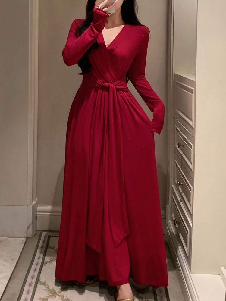 Solid Surplice Neck Lounge Dress Red Women Dresses Pajama,New Year