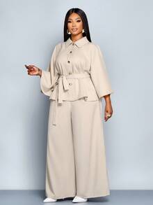 SOLERSUN Ensemble 2 pièces pour femmes grande taille, couleur unie, automne/hiver. Top ample vintage élégant à manches cape kaki et pantalon long. Tenue d'affaires décontractée pour un port quotidien en automne. Cape, veste à col ouvert, ceinture à boucle. - Nude - Voir 4