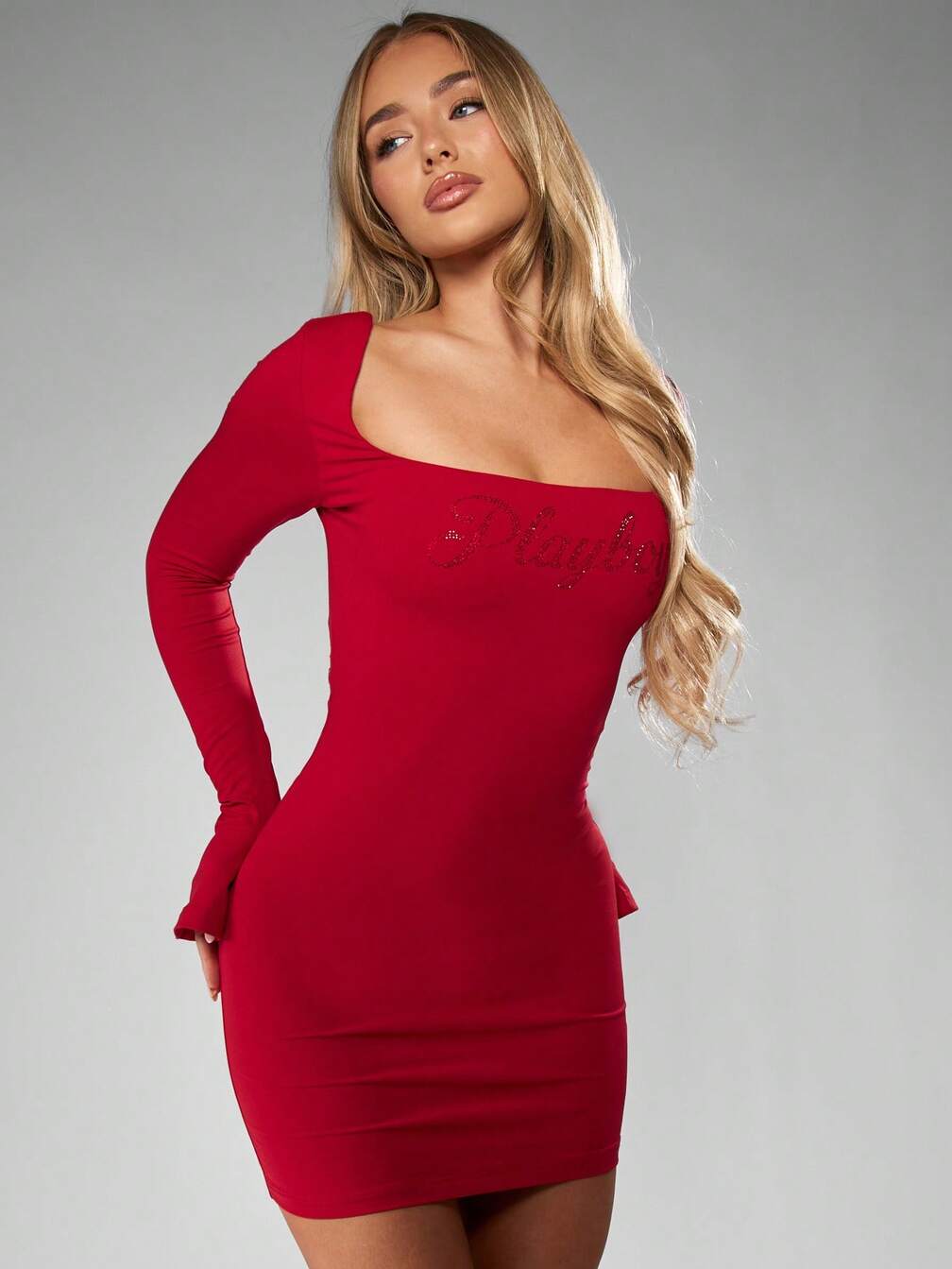 playboy red dress PLAYBOY Logo Print Mock Neck Mini Dress Size