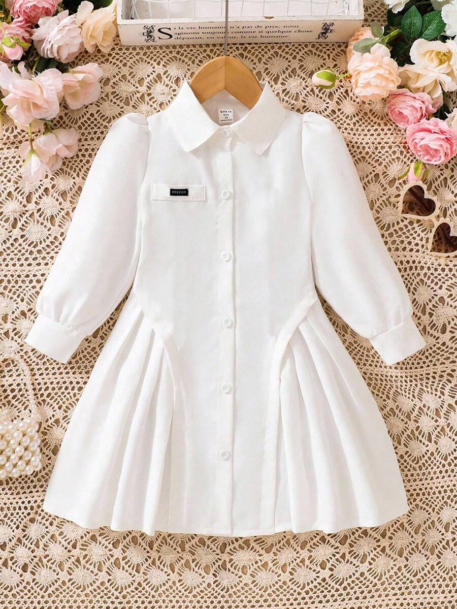 年轻女孩休闲日常简约百褶长袖连衣裙 - 白色 - 查看 1