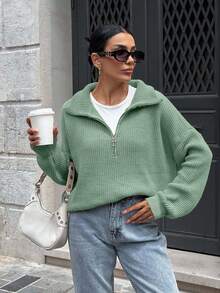 SHEIN Woman Zipper Collar Loose Fit Comfy Warm Sweater - Mint Green - View 8