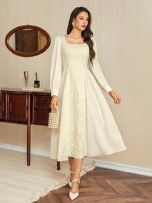 Vintamour Vintage Classic Elegant Women's Dress, Fitted Patchwork Jacquard Long Sleeve Dress, Apricot Color, Suitable For Autumn/Winter Modest Long Sleeve Dress Elegant Long Sleeve Dress Winter Clothes For Women Women Dresses Autumn Winter New Year Dress White Dress New Year New Year Women's Clothes White Dresses, Party Dress, Prom Dress, Wedding