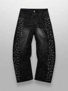 NEON BLANC Quần jean denim dáng dài dáng rộng đính ngọc trai giả và đá giả cho nam - màu đen - Xem 2