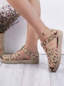 Sandalias tipo huarache de moda para dama con hermoso acabado elegante con estampado floral estilo casual, punta redonda, correa con hebilla, suela tipo trenzada, para uso diario y paseos - Beis - Ver 2