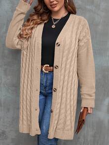 EMERY ROSE Áo khoác len cardigan dệt kim dài tay dáng rộng, dày dặn, thường ngày, cỡ lớn dành cho nữ, cài nút, hai túi, dây rút màu đen, dệt kim họa tiết, áo khoác len đa năng mặc hàng ngày - Màu be - Xem 4