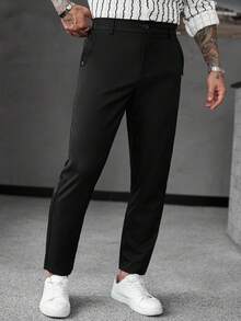 Manfinity CasualCool 男士纯色口袋直筒休闲裤，秋季 - 黑色 - 查看 6