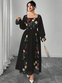 Modelyn Elegant Floral Embroidery Patchwork Plus Size Dress - Black - View 4