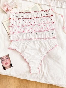 PetitDoll 5pcs/Pack Women Plus Size Printed Ruffle Trim Bow Tie Comfortable Bikini Briefs