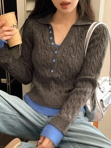 DAZY Women's Cable Knit Twist Colorblock Long Sleeve Sweater, Korean Style, Autumn/Winter