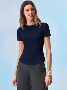 In My Nature 女士户外运动T恤，高弹力，亲肤，网眼拼接设计，适合露营、徒步旅行、城市通勤 - 藏蓝色 - 查看 1