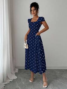 Elenzga Women's Elegant Polka Dot Print Ruched Waist Square Neck Short Sleeve Maxi Dress - Navy Blue - View 3