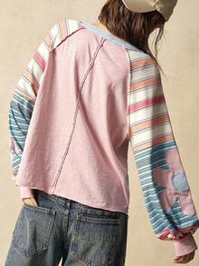 Bohemela 秋冬女士休闲针织拼色圆领宽松长袖卫衣