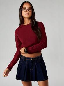 MISSGUIDED 酒红色短款套头毛衣，适合秋冬季节，长袖圆领针织衫，休闲百搭，圣诞节必备单品 - 紅色 - 查看 3