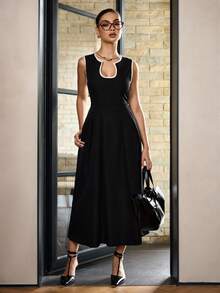 Siren Gaze 纯色U领A字下摆连衣裙，撞色饰边连衣裙，优雅女装，女士办公室/通勤装 - 黑色 - 查看 9