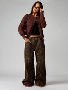 MISSGUIDED Pantalones palazzo vaqueros de tiro alto de pierna ancha con estampado de leopardo de algodón para mujeres, estilo casual, bohemio y urbano - Marrón - Ver 4