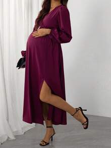 SHEIN 孕妇纯色V领高开衩优雅长袖连衣裙 - 酒紅色 - 查看 3