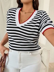 Vionelle 大码女式条纹撞色圆领短袖休闲时尚针织上衣 - 彩色 - 查看 3