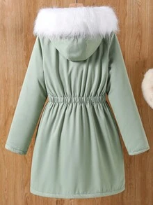 Tween Girls Mid-Length Loose Casual Cinched Waist Winter Jacket Fall - Army Green - View 2