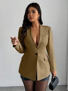 Elenzga 大码女式纯色深V领长袖单扣休闲西装外套 - 棕色 - 查看 5