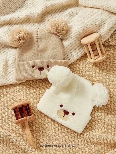 Cozy Pixies 2 st babymössor med söta björnuttryck, stickade tjocka varma och vindtäta mössor, lämpliga för utomhusbruk
