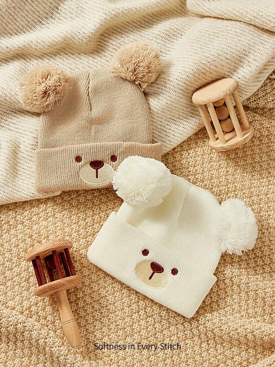 Cozy Pixies 2 件装可爱熊表情婴儿帽，针织加厚保暖防风帽，适合户外使用