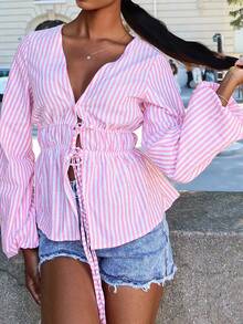 Women's Striped Lace Up Long Sleeve Shirt, Minimalist Style Suitable For Summer - Pink - View 5