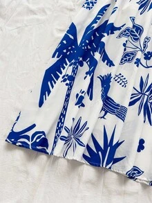 Soleia Plus Size Women Tropical Bird, Palm Tree & Floral Print Waist Cinched A-Line Midi Dress, Vacation Style