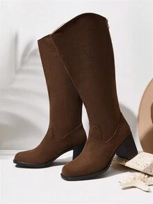 Styleloop Giày bốt cao đến gối thời trang nữ, thiết kế gót vuông, màu sô cô la trơn, khóa kéo bên hông có nhiều quai trang trí, đa năng kết hợp với váy, quần jean, áo khoác, phù hợp cho mùa thu/đông, trình diễn thời trang, đi làm, Giáng sinh, Halloween, bốt cao bồi, lễ hội âm nhạc - Cà phê nâu - Xem 2